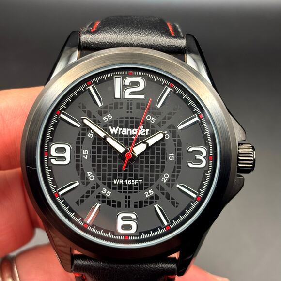 Wrangler WRW2400-1A Mens Black Analog Watch Black Leather Red Stitching Strap - Picture 8 of 17